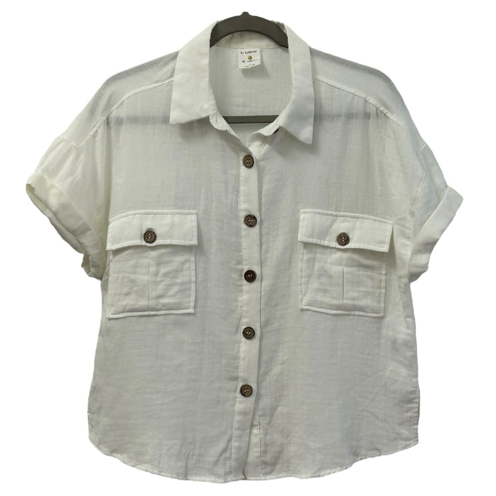 By Together Women’s White Cuffed Short Sleeve Gauze Button Down Top ‎ Sz L